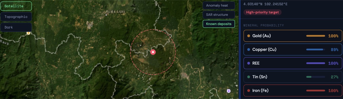 GeoSpec satellite view showing mineral probability panel over a high-priority target zone