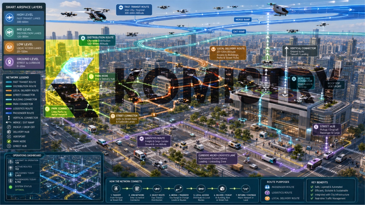 ULAAMS smart airspace layers diagram over a city, showing transit, distribution, delivery and vertical connector routes